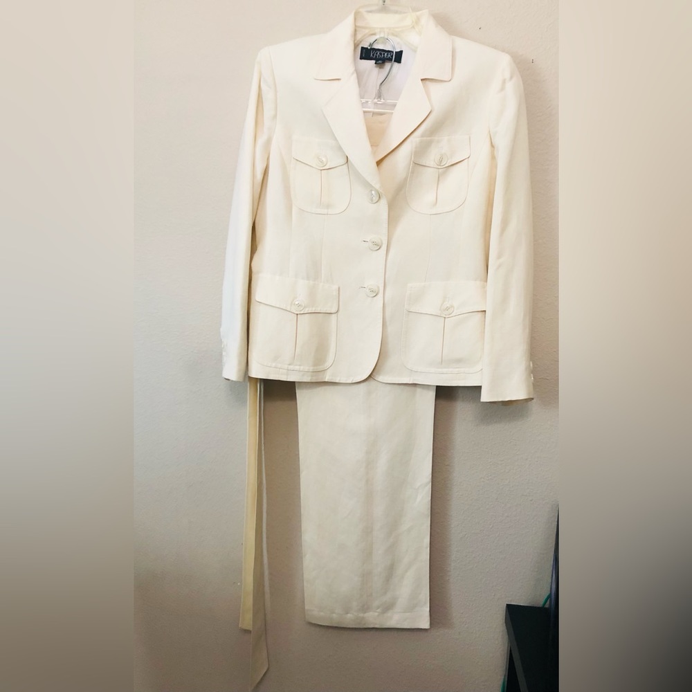 KASPER Petite Cream Linen Belted Jacket Pantsuit Sz 4